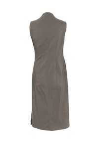 Sleeveless gray dress with a fitted silhouette, subtle stitching, and a back zipper. Knee-length with side slits for ease of movement.