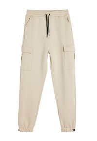 Beige Cargo-Hosen aus weichem Stoff, mit einem elastischen Bund, zwei Seitentaschen und gerafften Bündchen mit einem Kordelzug-Detail.