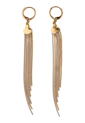 Złote kolczyki koła z wieloma cienkimi złotymi i srebrnymi łańcuszkami o różnej długości.