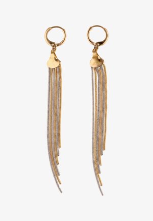 Kultakorvakorut, joissa riippuu useita ohuita kulta- ja hopeaketjuja eri pituisina.