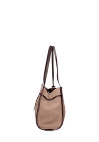 Borsa a spalla in suede marrone con una forma morbida, una sola tracolla in pelle marrone e una rifinitura in pelle a contrasto attorno all'apertura.