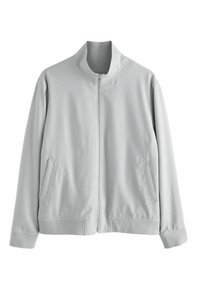 Light gray zip-up jacket with stand collar, long sleeves, side pockets, and ribbed cuffs and hem, displayed on plain white background.