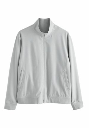 Light gray zip-up jacket with stand collar, long sleeves, side pockets, and ribbed cuffs and hem, displayed on plain white background.