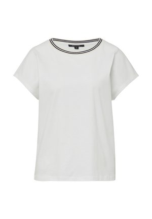 Weißes Baumwoll-T-Shirt mit kurzen Ärmeln, mit einem Rundhalsausschnitt und einem kontrastierenden schwarz-weißen Streifenbesatz. Klassische, kastige Form.