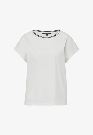 Weißes Baumwoll-T-Shirt mit kurzen Ärmeln, mit einem Rundhalsausschnitt und einem kontrastierenden schwarz-weißen Streifenbesatz. Klassische, kastige Form.