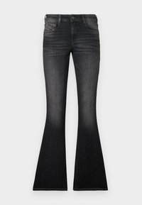 Μαύρο τζιν παντελόνι με φαρδύ καμπάνα, κλείσιμο με κουμπιά, πέντε τσέπες και διακριτική ξεθώριαση. Διαθέτει λεία υφή και κομψές ραφές.