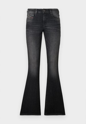 Calças de ganga preta com corte flare, fecho de botão, cinco bolsos e desbotamento subtil; apresentam uma textura elegante e suave e costuras estilosas.