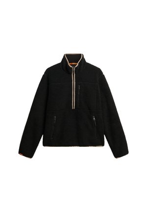 Schwarzer Fleece-Pullover mit halb durchgehendem Reißverschluss, hohem Kragen und zwei seitlichen Reißverschlusstaschen. Besitzt eine strukturierte Oberfläche und einen kontrastierenden Reißverschluss.