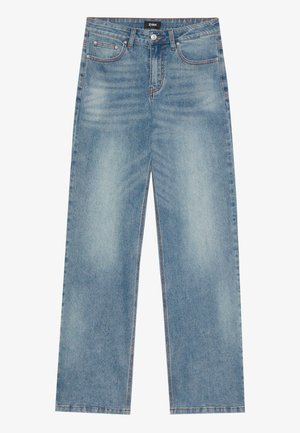 Jeans en denim bleu clair avec une coupe décontractée, jambe droite, cinq poches et des coutures contrastantes. Dotés d'une fermeture à bouton et à zip.