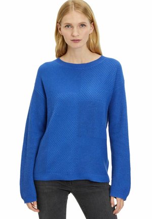 Blue knitted sweater with a textured pattern, round neckline, and long sleeves. Features varied knit textures and a relaxed fit.