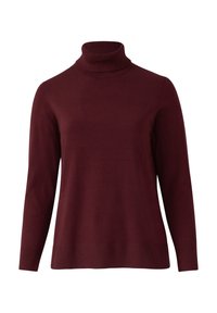 Burgundowy sweter typu golf w miękkiej, gładkiej dzianinie. Charakteryzuje się długimi rękawami i prążkowanym wykończeniem, o prostym, eleganckim designie.