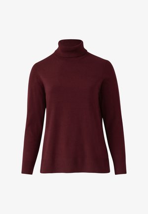 Burgunderfarbener Rollkragenpullover aus weichem, glattem Strickstoff. Mit langen Ärmeln und einem gerippten Saum, der ein einfaches, elegantes Design aufweist.