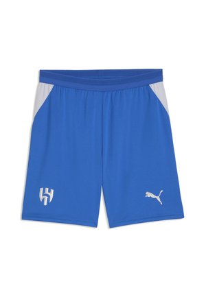 Niebieskie spodenki sportowe z białymi bocznymi panelami, elastycznym paskiem i białym logo Puma oraz stylizowanym logo na przednich bokach.