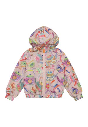 Kinderhoodie met ritssluiting over de hele lengte, elastische manchetten en zoom, met kleurrijke illustraties van theepotten en kopjes op een lichtroze achtergrond.