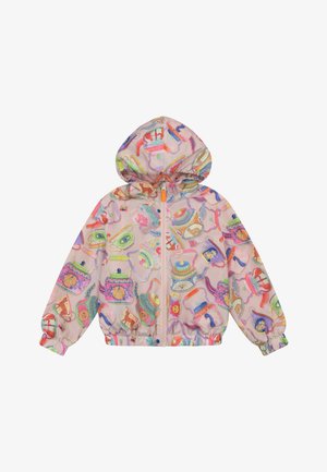Kinderhoodie met ritssluiting over de hele lengte, elastische manchetten en zoom, met kleurrijke illustraties van theepotten en kopjes op een lichtroze achtergrond.