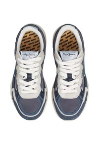 Blue and grey sneakers with a mix of textured materials, white laces, and a padded collar. The insole features a repeating brand name pattern.