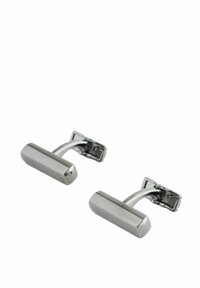 Silver metal cufflinks with a rectangular, polished surface and a curved hinge mechanism. Smooth texture with a minimalist design.