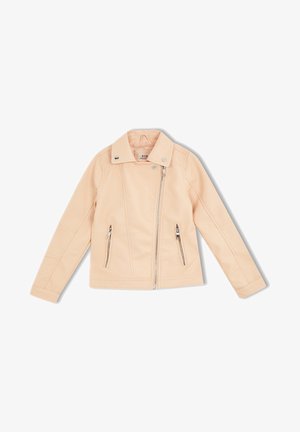 Giacca in ecopelle beige chiaro con cerniera frontale asimmetrica, due tasche con zip, collo con bottone a pressione e maniche lunghe.