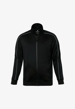 Schwarze Zip-Jacke mit Stehkragen, gerippten Bündchen und Seitentaschen. Mit kontrastierenden weißen Paspelierungen entlang der Schultern und der Vorderseite.