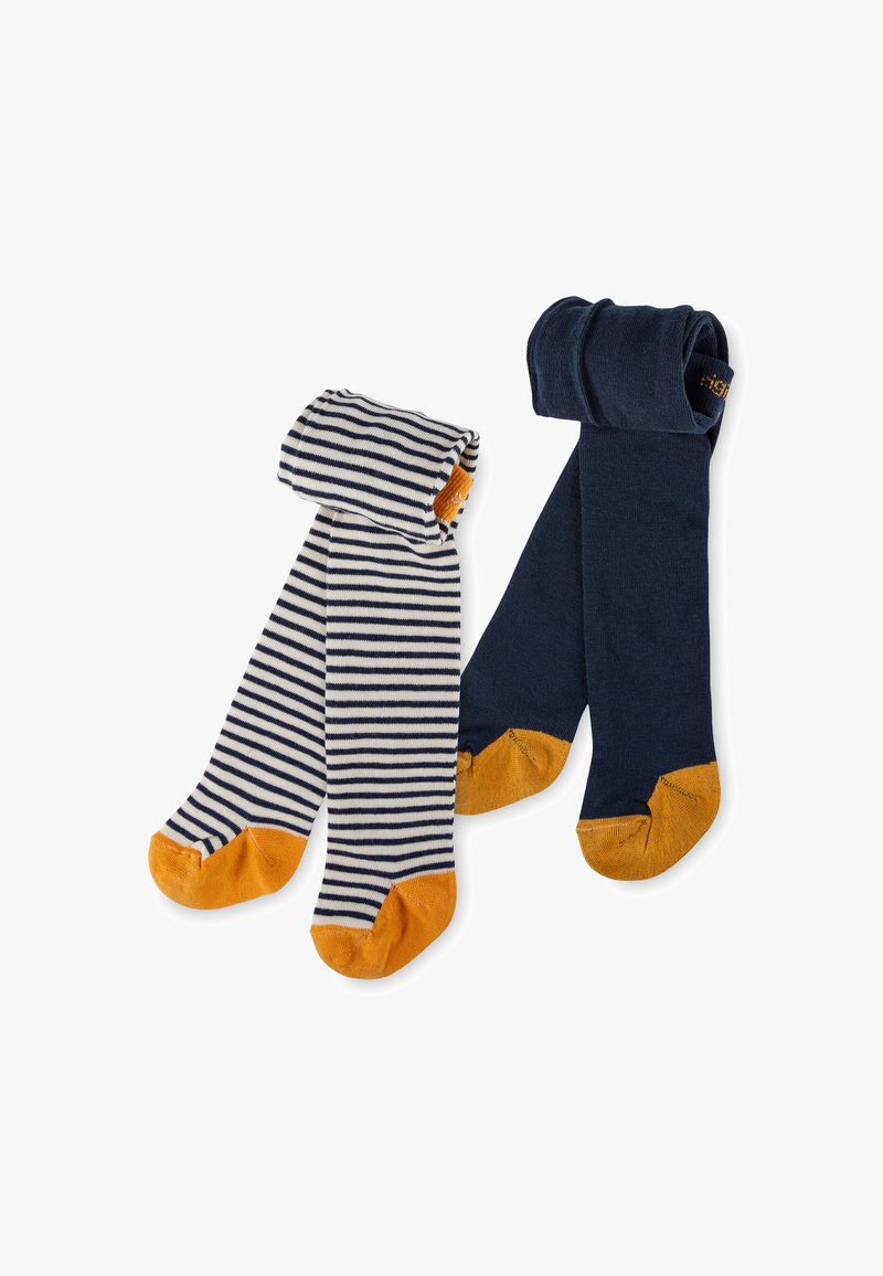 Due coppie di calzini: una di un blu navy semplice con le punte arancioni, l'altra a righe blu navy e bianche con le punte arancioni. Ogni coppia presenta una cuffia arrotolata.