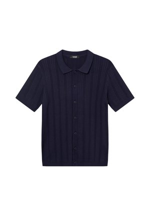 Navy blue short-sleeve button-up polo shirt with textured vertical knit pattern and ribbed collar and cuffs.