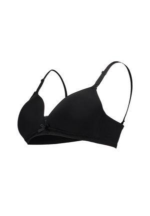 Soutien-gorge rembourré noir avec bretelles ajustables, un petit nœud à l'avant et un tissu lisse sur un fond blanc.