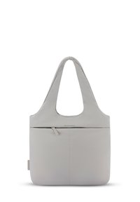 Szara torba tote z szerokim uchwytem, prostokątnym kształtem, przednią kieszenią na zamek i minimalistycznym designem. Gładka tekstura, brak widocznych wzorów.