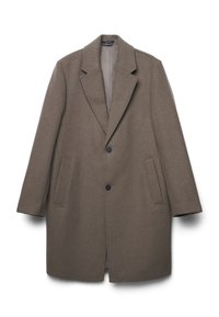 Ein brauner einreihiger Wollmantel mit breiten Revers, zwei schwarzen Knöpfen und zwei Seitentaschen, auf weißem Hintergrund präsentiert.