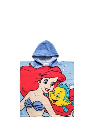 Kinder-Kapuzenhandtuch mit Ariel und Fabius aus "Arielle, die Meerjungfrau" auf blauem Hintergrund mit Blasen.