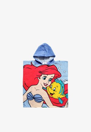 Accappatoio con cappuccio per bambini con Ariel e Flounder de La Sirenetta su uno sfondo blu con bolle.