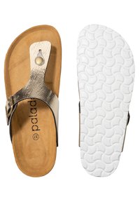 Brune faux suede sandals med fodseng, med en metallisk rem, der har en rund guldfarvet accent og en hvid tekstureret gummisål.