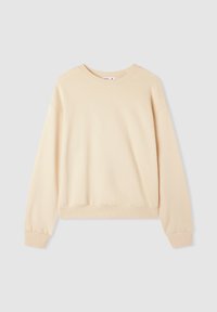 Felpa beige con scollo rotondo, spalle cadute, maniche lunghe con polsini e orlo a costine. Tessuto morbido con una superficie liscia.