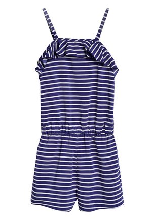 Combinaison sans manches à rayures horizontales bleu marine et blanc avec bretelles, encolure à volants, taille élastique et bas short.