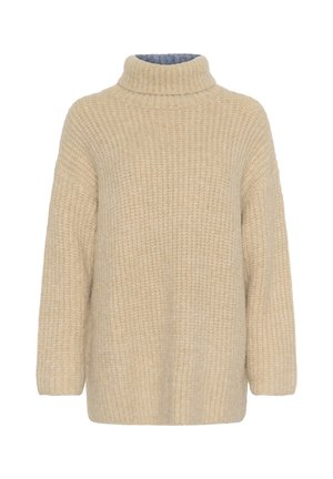 Bež, debeli pleteni pulover s visokim, rebrastim turtleneck izrezom, spuštenimi ramenima in sprošljenim krojem; ima teksturirani, tkaninski vzorec.