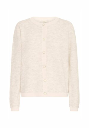 Šviesiai smėlinis kardiganas, pagamintas iš minkštos medžiagos, su apvalia iškirpte, užsegimu mygtukais su auksiniu apdailos stiliumi ir puriu kaklu bei apačia.