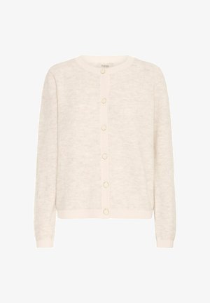 Jasno beżowy kardigan wykonany z miękkiego materiału, z okrągłym dekoltem, zapięciem na guziki z guziczkami w stylu złotym oraz ściągaczami przy mankietach i u dołu.