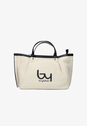 Borsa tote intrecciata color crema con rifiniture e manici neri, con il logo "byblos" nero al centro davanti.