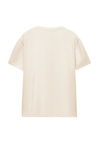 Beige T-Shirt mit kurzen Ärmeln, lockerem Schnitt, Rundhalsausschnitt, glatter Textur und ohne sichtbare Branding oder Muster auf der Rückseite.