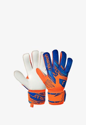 Gants de gardien avec une paume en latex blanc, un corps orange vif et des accents bleus. Dotés d'une prise texturée et d'une sangle de poignet réglable.