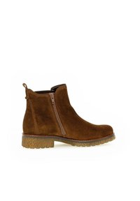 Stivaletti in suede marrone con zip laterale, parte superiore texture e suola spessa e scanalata. Design robusto con punta arrotondata e anello per il pull.