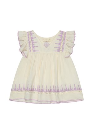 Cremefarbenes Kleinkindkleid mit Lavendelstickerei, kurzen, gerafften Ärmeln und einem V-Ausschnitt mit Spitzenverzierung.