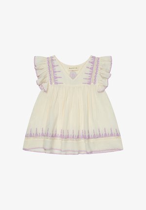 Cremefarbenes Kleinkindkleid mit Lavendelstickerei, kurzen, gerafften Ärmeln und einem V-Ausschnitt mit Spitzenverzierung.