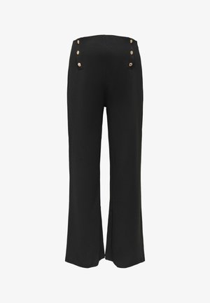 Juodos plačios kelnės, pagamintos iš lygaus audinio, su sagos detalėmis juosmens juostoje ir paprastu, nespuoštu nugaros dizainu.