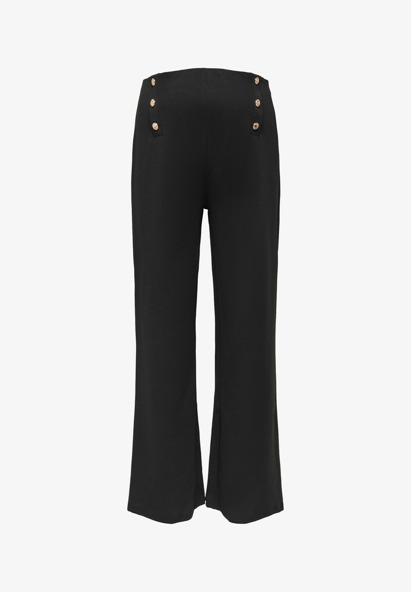 Svarte bukser med vide ben, laget av glatt stoff, med knappe detaljer på midjebåndet og et enkelt, ubrukt bakdesign.