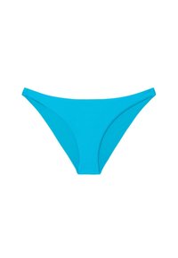 Bañador bikini azul hecho de tela acanalada. Presenta un corte de cintura baja y bordes suaves para un diseño minimalista. Sin herrajes ni patrones visibles.