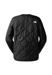 Czarna kurtka puchowa z pikowanym wzorem, z okrągłym dekoltem i logo The North Face na górnej części pleców. Gładki, ocieplany materiał.