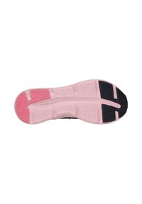 Gummisohle in einer pinken und schwarzen Farbgestaltung. Sie verfügt über strukturierte Muster für Grip und Dämpfung, mit ausgeprägten Stollen für Traktion.