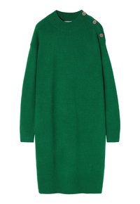 Robe-pull en tricot vert avec un col rond côtelé, des manches longues et des détails d'épaule ornés de trois boutons beige. Texture douce et coupe oversize.