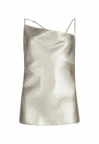 Top metallico argento senza maniche con una leggera texture a increspature e spalline sottili e regolabili, caratterizzato da una vestibilità rilassata e un design minimalista.