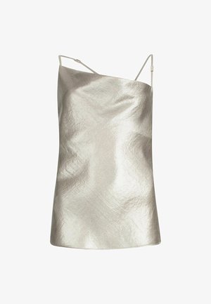 Sidabrinė metalinė berankovė palaidinė su šiek tiek raukšlėtu tekstūru ir plonomis reguliuojamomis petnešomis, pasižyminti laisvu siluetu ir minimalistišku dizainu.